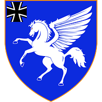 Das Verbandsabzeichen zeigt ein nach rechts springendes weißes Pegasus auf blauem Grund. Oben rechts steht das Eiserne Kreuz.