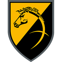 Diagonal golden-schwarz geteilt. Ein Pferdekopf ragt aus dem schwarzen in den goldenen Hintergrund. 