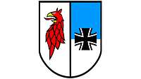 Links auf silbernem Grund ein roter Greifenkopf, rechts auf blau-silbernem Grund das Eiserne Kreuz