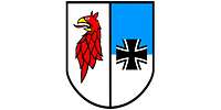 Links auf silbernem Grund ein roter Greifenkopf, rechts auf blau-silbernem Grund das Eiserne Kreuz