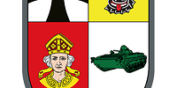 Viergeteiltes Wappen: Eisernes Kreuz, Stierkopf Mecklenburgs, Bischof Dionysius, Schützenpanzer