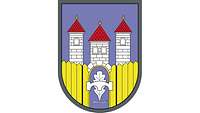 Violetter Grund, drei silberne Türme mit roten Dächern, davor ein goldener Zaun mit Pionierbrücke