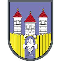 Violetter Grund, drei silberne Türme mit roten Dächern, davor ein goldener Zaun mit Pionierbrücke