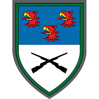 Horizontal blau-silbern geteilt. Oben drei rote Greifenköpfe, unten zwei gekreuzte schwarze Gewehre