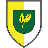 Senkrecht golden-silbern geteilt, darauf mittig auf grünem Grund zwei goldene Eichenblätter