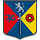Dreifarbige Raute: links rot mit Drachen, rechts golden mit Burg, mittig blau mit Löwe und Schwert.