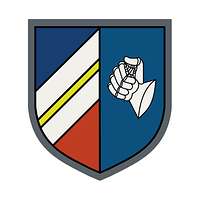 Links diagonal gestreift blau-silbern-golden-silbern-rot, rechts geharnischte Faust auf blauem Grund