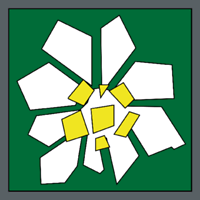 Das quadratisch grüne Wappen zeigt ein stilisiertes, silbern-goldenes Edelweiß wie eine Landkarte.