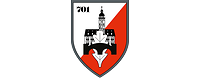 Auf den Farben Thüringens weiß-rot das Rathaus von Gera, Pionierbrücke, Eichenlaub, die Zahl 701