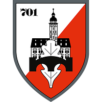 Auf den Farben Thüringens weiß-rot das Rathaus von Gera, Pionierbrücke, Eichenlaub, die Zahl 701