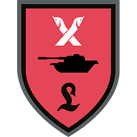 Auf der Panzertruppenfarbe Rosa gekreuzte Niedersachsenrösser, ein Panzer, ein L für Lehrbrigade.