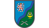 Thüringens Löwe auf blauem Grund, Gewehre und Solebrunnen auf grünem Grund, mittig der Fluss Werra