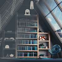 Ein Dachboden mit Bücherregalen, links als grauweiße Architekturzeichnung, rechts als farbiges Foto mit verglaster Dachschräge