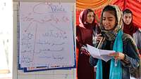 Eine junge Frau mit Kopftuch steht neben einer Flipchart, auf der neben der Landessprache auch das Wort Peace geschrieben steht