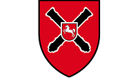 Roter Grund darauf schwarze Kanonenrohre und das Landeswappen Niedersachsens mit springendem Ross