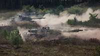 Drei Panzer fahren zwischen Sträuchern und viiel Staub