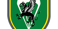 Das grüne Wappen ist golden umrandet, darauf ein silberner Fallschirm mit stilisiertem Greif.