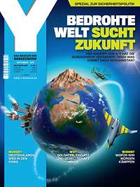 Das Cover des Y-Magazins mit einer Weltkugel und der Aufschrift „Bedrohte Welt sucht Zukunft“