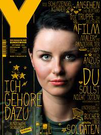 Das Cover des Y-Magazins mit einer Porträtaufnahme von einer Soldatin umgeben von Text