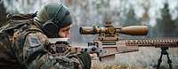 Ein Soldat liegt hinter seiner Waffe und schaut durch das Objektiv.