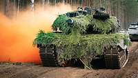 Auf der Front und am Turm des Kampfpanzers Leopard sind grüne Nadeläste befestigt, der Panzer fährt auf einem Waldweg 