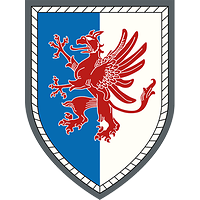 Längs blau-silbern geteilt, darauf mittig ein roter Greif nach rechts sehend und steigend