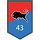 Auf rot-blauem Wappen ein schwarzer nach links springender Bison, darunter mittig eine silberne 43.