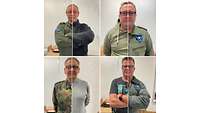 Soldat und Zivilist. Collage von vier Reservisten hälftig als Soldat, hälftig als Zivilist dargestellt.