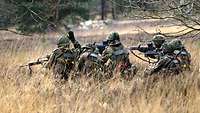 Eine Gruppe von Soldaten ist im hohen Gras in Stellung gegangen.
