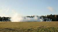 A dense smoke screen on a green field in front of woods