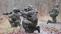 Ein Gruppe Soldaten hockt mit den Waffen im Anschlag auf einem Waldweg. Sie sichern in alle Richtungen.