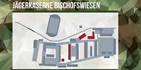Grafische Darstellung des Kasernengeländes in zwei Grautönen und Rot