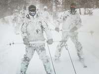 Soldaten in Schneetarnuniform auf Skiern werden an einer Leine über den Schnee gezogen.