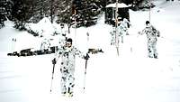 Soldaten in Schneetarnuniform laufen auf Skiern über den Schnee.