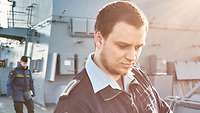 Portraätaufnahme eines Marinesoldaten in blauer Arbeitsuniform.