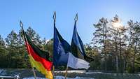 Die deutsche, estnische und die NATO-Flagge wehen im Wind.