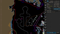 Ein Screenshot: eine Linie in Form eines Ankers auf dunklem Hintergrund; rechts im Bild Zahlen und Symbole.