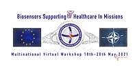 Europe and NATO flags next to the MMCC / EMC symbol. Above it the lettering Biosensors Supporting Healthcare In Mission.