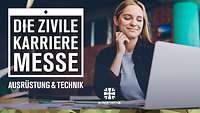 Auf dem Werbeplakat für eine zivile Karrieremesse ist eine junge Frau vor ihrem Notebook abgebildet