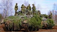 Zwei Marder 1A3 stehen im Gelände. Ihre Besatzungen stehen auf ihnen und sprechen miteinander