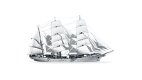 Ein Segelschiff mit drei Masten und gesetzten Segeln freigestellt in Seitenansicht.