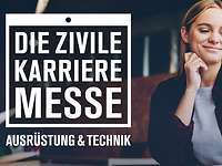 Zivile Karrieremesse - Ausrüstung und Technik Auf dem Werbeplakat für eine zivile Karrieremesse ist eine junge Frau vor ihrem Notebook abgebildet