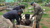 Generalmajor Bodemann und eine Vertreterin und ein Vertreter des Gartenprojekts pflanzen den gespendeten Kirschbaum. 