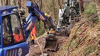 Zwei Bagger schaufeln am Hang in einem Wald.