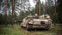 Ein Panzer sichert im Wald das Gelände