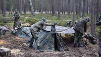 Mehrere Soldaten bauen im Wald kleine Zelte auf.