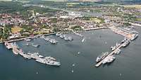 Aerial photograph of a naval harbour.