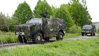 Zwei militärische Fahrzeuge vom Typ Dingo II mit Lautsprechersystem fahren auf einer sandigen Straße hintereinander