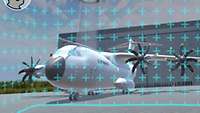 Eine dreidimensionale Ansicht eines A400M auf einem digitalen Flugplatz