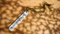 Ein Thermometer liegt auf einem Brett im Schatten